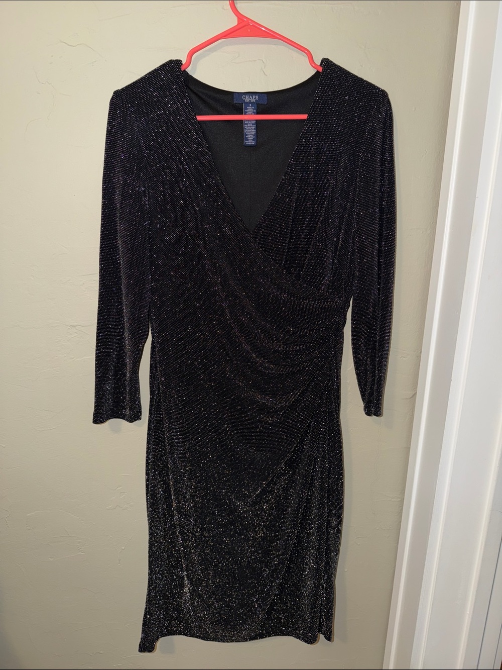 Chaps Black Sparkle Wrap-Style Long Sleeve Dress